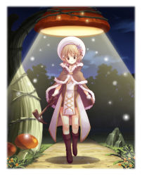 Rule 34 | 1girl, bad id, bad twitter id, blush, boots, border, brown cape, brown dress, brown footwear, brown gloves, cape, closed mouth, commentary request, doridori, dress, full body, fur-trimmed cape, fur-trimmed gloves, fur trim, gloves, grass, hair between eyes, high wizard (ragnarok online), holding, holding staff, in-universe location, lamp, looking at viewer, night, path, ragnarok online, road, rock, short dress, short hair, smile, solo, staff, tree, two-tone dress, white border, white dress