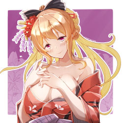 Rule 34 | 1girl, bare shoulders, black bow, blonde hair, blush, border, bow, breasts, cleavage, collarbone, commentary request, flower, granblue fantasy, hair bow, hair flower, hair ornament, head tilt, highres, japanese clothes, kimono, large breasts, long hair, looking at viewer, mellow, off shoulder, purple background, red eyes, red flower, red kimono, smile, solo, upper body, vira (granblue fantasy), white border