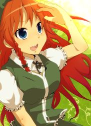 Rule 34 | 1girl, aoi (annbi), blue eyes, braid, china dress, chinese clothes, dress, female focus, hat, hong meiling, long hair, open mouth, red hair, shading eyes, smile, solo, embodiment of scarlet devil, touhou, twin braids, upper body