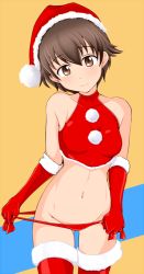 Rule 34 | 1girl, alternate costume, bikini, boots, breasts, brown eyes, brown hair, christmas, closed mouth, cowboy shot, girls und panzer, gloves, gluteal fold, groin, hat, head tilt, looking at viewer, lowleg, lowleg bikini, medium breasts, nakajima (girls und panzer), navel, red gloves, red hat, santa bikini, santa boots, santa costume, santa gloves, santa hat, short hair, side-tie bikini bottom, smile, solo, standing, swimsuit, tanaka rikimaru, thigh boots, thighhighs, untying