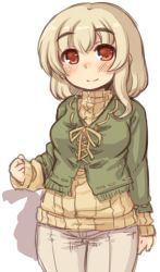 Rule 34 | 1girl, 7010, blonde hair, blush, clenched hand, green shirt, original, red eyes, ribbed sweater, shirt, sketch, smile, solo, sweater, white background