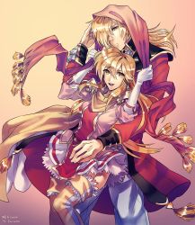 Rule 34 | 1boy, 1girl, absurdres, blonde hair, brother and sister, brown eyes, dress, eldigan (fire emblem), european clothes, fire emblem, fire emblem: genealogy of the holy war, gloves, highres, lachesis (fire emblem), long hair, looking at viewer, nintendo, scarf, siblings, skirt, smile, thighhighs