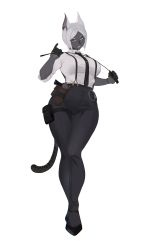 Rule 34 | 1girl, absurdres, black gloves, black necktie, black pants, black skin, breasts, chong (547342983), colored skin, cuffs, dress shirt, ear piercing, full body, furry, furry female, gloves, gun, handcuffs, highres, holster, holstered, large breasts, lipstick, makeup, mole, mole under eye, necktie, original, pants, piercing, purple lips, red eyes, riding crop, shirt, shoes, smile, solo, suspenders, tail, thigh strap, tight clothes, v-shaped eyebrows, weapon, white background, white hair, white shirt
