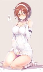 Rule 34 | 1girl, alternate costume, bare shoulders, blush, breasts, brown eyes, brown hair, cleavage, cosplay, detached sleeves, dress, glasses, hairband, highres, kantai collection, kneehighs, large breasts, looking at viewer, natori (kancolle), parted lips, red-framed eyewear, seiza, short hair, simple background, sitting, sleeveless, sleeveless dress, socks, solo, striped clothes, striped socks, sumisu (mondo), supply depot hime (cosplay), supply depot princess, thought bubble, white dress