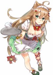 Rule 34 | 1girl, :3, absurdres, ahoge, animal ears, ankle ribbon, apron, bell, belt, blush, bow, bracelet, breasts, brown hair, cat ears, cat tail, enokorogusa (flower knight girl), flower knight girl, frills, green eyes, green skirt, hair ornament, hairband, hairclip, highres, holding, holding tray, jewelry, jingle bell, leg ribbon, long hair, looking at viewer, medium breasts, red bow, ribbon, ruma imaginary, shoes, skirt, smile, solo, tail, tail bell, tail bow, tail ornament, tray, white background