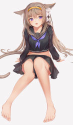 Rule 34 | 1girl, :o, animal ear fluff, animal ears, arm support, bare legs, barefoot, black sailor collar, black shirt, black skirt, blush, bow, breasts, brown hair, btraphen, cat ears, cat girl, cat tail, collarbone, crop top, feet, full body, grey background, hair bow, hair intakes, hairband, highres, long hair, long sleeves, looking at viewer, midriff, miniskirt, neckerchief, open mouth, original, purple eyes, purple neckerchief, sailor collar, school uniform, serafuku, shirt, sidelocks, simple background, sitting, skirt, solo, tail, thighs, very long hair, white bow
