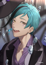 Rule 34 | 1boy, absurdres, air bubble, artist name, bubble, collared shirt, earrings, eyeshadow, floyd leech, green hair, highres, inanome, inanome me, jacket, jewelry, licking lips, looking at viewer, making-of available, male focus, multicolored hair, partially unbuttoned, purple eyeshadow, sharp teeth, shirt, signature, single earring, smile, solo, streaked hair, teeth, tongue, tongue out, twisted wonderland, upper body, white shirt, yellow eyes