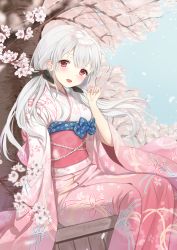 Rule 34 | 1girl, :d, bad id, bad pixiv id, black ribbon, blue bow, blue sky, blush, bow, breasts, cherry blossoms, commission, day, floral print, flower, gradient clothes, gradient kimono, hair between eyes, hair ribbon, hand up, haruri, head tilt, highres, japanese clothes, kimono, long hair, long sleeves, looking at viewer, obi, open mouth, original, outdoors, pink flower, pink kimono, print kimono, red eyes, ribbon, sash, signature, silver hair, sky, sleeves past fingers, sleeves past wrists, small breasts, smile, solo, tree, very long hair, white kimono, wide sleeves