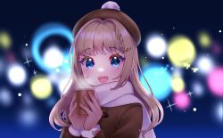 Rule 34 | 1girl, beret, blue eyes, blurry, blush, bokeh, braid, braided bangs, brown hair, coat, cup, depth of field, disposable cup, drink, duffel coat, fur-trimmed gloves, fur trim, gloves, hair intakes, hat, highres, holding, holding cup, long hair, long sleeves, looking at viewer, masumofu, open mouth, original, pom pom (clothes), smile, solo, sparkle, steam