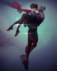 Rule 34 | 2boys, backlighting, bakugou katsuki, boku no hero academia, brown hair, cape, carrying, clothing request, cloud, cloudy sky, commentary, commentary request, floating, flying, full body, highres, knee guards, male focus, mask, midoriya izuku, multiple boys, russian commentary, shoes, simple background, sky, sparkle, superhero costume, tagme, tanimil, thighhighs, white hair