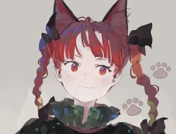 Rule 34 | 1girl, animal ears, black bow, bow, braid, cat ears, dress, green dress, hair bow, kaenbyou rin, long hair, paw print, portrait, red eyes, red hair, shihou (g-o-s), simple background, smile, solo, symbol-only commentary, touhou, twin braids, twintails