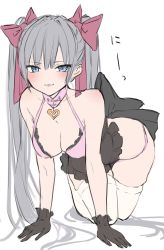 Rule 34 | 1girl, all fours, black gloves, blue eyes, blush, bow, breasts, chigasaki yukari, closed mouth, frills, gloves, grey hair, hair between eyes, hair bow, heart, highres, lips, long hair, looking at viewer, medium breasts, original, simple background, solo, thighhighs, twintails, very long hair, white background, white thighhighs