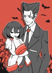 Rule 34 | 1boy, 1girl, age difference, arm under breasts, arms at sides, bare tree, bird, black eyes, black hair, black jacket, black necktie, black skirt, bob cut, closed mouth, club (shape), collared shirt, covering own mouth, dress shirt, drop shadow, empty eyes, flying, formal, hair slicked back, halftone, halftone background, hand up, height difference, highres, jacket, kaiki deishuu, limited palette, long sleeves, looking at viewer, loose hair strand, monogatari (series), naoetsu high school uniform, narrowed eyes, necktie, oshino ougi, outline, pale skin, pleated skirt, red background, school uniform, serious, shirt, short hair, skirt, sleeves past fingers, sleeves past wrists, smile, spdcooler, stitches, suit, suit jacket, tree, upper body, white outline, white shirt
