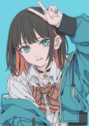 Rule 34 | 1girl, arm up, black choker, black hair, blue background, blue eyes, blue hoodie, blue nails, bow, bowtie, choker, collarbone, collared shirt, colored inner hair, commentary request, diagonal-striped bow, diagonal-striped bowtie, diagonal-striped clothes, drawstring, haku geroda, hood, hood down, hoodie, long sleeves, looking at viewer, medium hair, multicolored hair, open clothes, open hoodie, orange bow, orange bowtie, orange hair, original, parted lips, shirt, sidelocks, simple background, single off shoulder, smile, solo, striped clothes, sun symbol, teeth, thick eyelashes, two-tone hair, upper body, v, white shirt