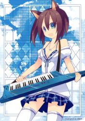 Rule 34 | 1girl, :d, absurdres, animal ears, aruya (flosrota), blue bra, blue eyes, bra, breasts, brown hair, cleavage, highres, instrument, jewelry, keyboard (instrument), keytar, necklace, off shoulder, open mouth, small breasts, smile, solo, thighhighs, underwear, white thighhighs