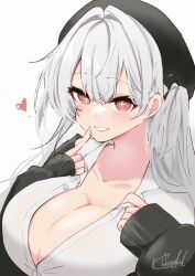 Rule 34 | 1girl, azur lane, beret, black hat, black jacket, breasts, cleavage, clothes pull, collarbone, cross-shaped pupils, grey hair, hair between eyes, hat, heart, jacket, kasagland, large breasts, light blush, long hair, long sleeves, looking at viewer, official alternate costume, partially unbuttoned, red eyes, school uniform, scylla (azur lane), scylla (femme fatale fresher) (azur lane), shirt, signature, simple background, smile, solo, symbol-shaped pupils, white background, white shirt