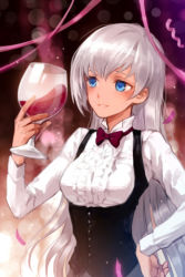 Rule 34 | 1girl, alcohol, blue eyes, blush, bow, bowtie, breasts, confetti, cup, dress shirt, drinking glass, hand on own hip, hip focus, long hair, lowres, shirt, sigma (sword girls), solo, sword girls, tan, vest, white hair, wine