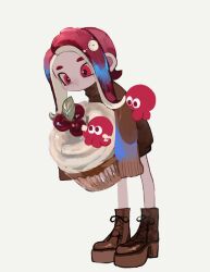 Rule 34 | 1girl, blue hair, boots, brown footwear, brown sweater, closed mouth, cross-laced footwear, cupcake, food, highres, holding, holding food, leaning forward, li04r, long hair, multicolored hair, nintendo, octoling, octoling girl, octoling player character, octopus, oversized food, oversized object, red eyes, red hair, simple background, solo, splatoon (series), sweater, tentacle hair, two-tone hair, white background