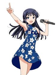 Rule 34 | 1girl, armpits, arms up, bare legs, bare shoulders, black hair, blue dress, blue eyes, blush, commentary request, cowboy shot, dot nose, dress, floral print, floral print dress, highres, holding, holding microphone, idolmaster, idolmaster million live!, idolmaster million live! theater days, long hair, matcha kingyo, microphone, mogami shizuka, official alternate costume, open mouth, parted bangs, pointing, pointing up, print dress, simple background, sleeveless, sleeveless dress, smile, solo, white background