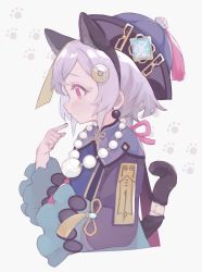 Rule 34 | 1girl, 750x077, animal ears, bandaged tail, bandages, bead necklace, beads, black nails, blush, cat ears, cat tail, coin hair ornament, commentary, earrings, fake animal ears, from side, genshin impact, hair ornament, hat, highres, jewelry, long hair, looking to the side, nail polish, necklace, ofuda, ofuda on clothes, ofuda on head, open mouth, paw print, paw print background, purple eyes, purple hair, purple hat, qingdai guanmao, qiqi (genshin impact), solo, sparkle, tail, talisman, tassel, twitter username, upper body, vision (genshin impact), white background, wide sleeves