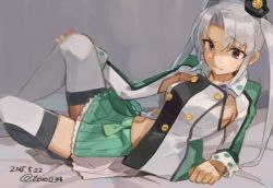 Rule 34 | 10s, 1girl, akitsushima (kancolle), arm support, blue eyes, buttons, dated, double-breasted, kantai collection, long hair, lying, miniskirt, navel, on back, silver hair, skirt, solo, thighhighs, toro (konirio), twintails, twitter username, white thighhighs