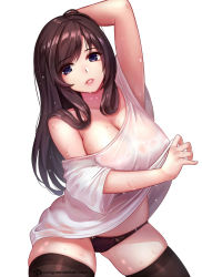 Rule 34 | 1girl, arm behind head, black panties, blue eyes, breasts, brown hair, cleavage, commentary request, contrapposto, cowboy shot, deviantart username, hand up, jurrig, large breasts, long hair, looking at viewer, off shoulder, original, panties, parted lips, pink lips, simple background, single bare shoulder, skindentation, solo, thighhighs, underwear, wet, wet clothes, white background