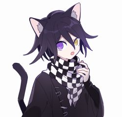 Rule 34 | 1202 koge, 1boy, animal ear fluff, animal ears, bandana, cat boy, cat ears, cat tail, commentary, danganronpa (series), danganronpa v3: killing harmony, hair between eyes, heterochromia, jacket, long sleeves, looking at viewer, male focus, open mouth, oma kokichi, purple eyes, purple hair, purple jacket, simple background, solo, symbol-only commentary, tail, teeth, upper teeth only, white background, yellow eyes