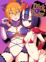 Rule 34 | 2girls, :d, alternate costume, animal ears, armor, armpits, bad id, bad pixiv id, bikini armor, black hair, blush, breasts, cameltoe, cat ears, choker, cleavage, commentary request, cosplay, cowboy shot, elbow gloves, elizabeth bathory (brave) (fate), elizabeth bathory (brave) (fate) (cosplay), elizabeth bathory (fate), elizabeth bathory (fate/extra ccc), fangs, fate/grand order, fate (series), fujimaru ritsuka (female), gem, gloves, gluteal fold, groin, halloween, halloween costume, horns, lace, lace-trimmed legwear, lace trim, large breasts, loose bikini, mash kyrielight, mash kyrielight (dangerous beast), mash kyrielight (dangerous beast) (cosplay), multiple girls, nachisuke (nachi comic), navel, o-ring, official alternate costume, open mouth, orange eyes, orange hair, purple eyes, purple legwear, shielder (fate/grand order), shielder (fate/grand order) (cosplay), short hair, shuten douji (fate), simple background, skin-covered horns, small breasts, smile, thighhighs, trick or treat, wardrobe malfunction