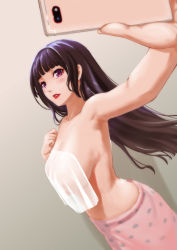 Rule 34 | 1girl, absurdres, armpits, blunt bangs, blush, breasts, cellphone, cleavage, commentary request, cowboy shot, daidailong, fingernails, foreshortening, groin, hand on own chest, hand up, highres, hime cut, holding, holding phone, large breasts, lips, long fingernails, long hair, looking at viewer, naked towel, navel, original, outstretched arm, parted lips, phone, pink towel, polka dot, polka dot towel, reaching, reaching towards viewer, red lips, see-through, selfie, sideboob, sidelocks, smartphone, solo, standing, stomach, taking picture, teeth, towel, white towel
