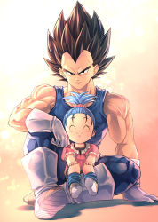 Rule 34 | 1boy, 1girl, ^ ^, black eyes, black hair, black shorts, blue hair, blue legwear, blue pants, blue tank top, boots, bra (dragon ball), child, closed eyes, closed mouth, collarbone, dragon ball, dragonball z, facing viewer, father and daughter, frown, full body, gloves, hair ornament, hands on own knees, long hair, looking at viewer, mattari illust, pants, pink shirt, shirt, short sleeves, shorts, sitting, skin tight, smile, spiked hair, tank top, twitter username, v-shaped eyebrows, vegeta, white background, white footwear, white gloves