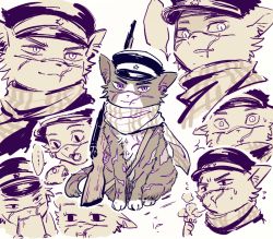 Rule 34 | 10s, animalization, artist request, cat, character sheet, eating, golden kamuy, hat, no humans, partially colored, peaked cap, rifle, scar, scarf, sugimoto saichi, weapon, white background