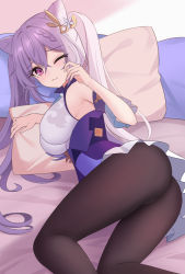 Rule 34 | 1girl, artist request, ass, bare shoulders, bed, black pantyhose, blush, braid, breasts, commission, dress, genshin impact, hair between eyes, hair ornament, hairpin, highres, keqing (genshin impact), long hair, looking at viewer, lying, medium breasts, on side, one eye closed, pantyhose, pixiv commission, purple dress, purple eyes, purple hair, short dress, sideboob, single braid, skirt, solo, thighs, twintails, very long hair