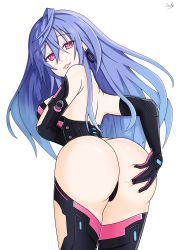 Rule 34 | 1girl, absurdres, artist request, ass, ass grab, bare shoulders, blue hair, breasts, come hither, deep skin, elbow gloves, from behind, gloves, highres, huge ass, iris heart, large breasts, leaning, leaning forward, long hair, looking at viewer, naughty face, neptune (series), open mouth, purple eyes, pururut, shiny skin, sideboob, smile, solo, thighhighs, thong