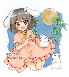 Rule 34 | 1girl, 2zuz4hru, animal ears, bamboo, black hair, carrot necklace, commentary request, dress, floppy ears, frilled sleeves, frills, full body, full moon, inaba tewi, jewelry, looking at viewer, marker (medium), moon, necklace, open mouth, pink dress, puffy short sleeves, puffy sleeves, rabbit, rabbit ears, rabbit girl, red eyes, ribbon-trimmed dress, short hair, short sleeves, smile, solo, touhou, traditional media, watermark, wavy hair