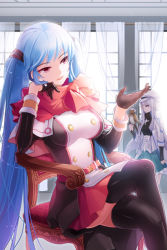 Rule 34 | 2girls, aile (crossroads), arm up, armchair, belt, bird, black legwear, blue hair, chair, eisenwane (sword girls), frilled skirt, frills, gloves, gs 7th star, hat, impossible clothes, jacket, kocchan (sword girls), crossed legs, long hair, luthica preventer, multiple girls, open mouth, outstretched hand, parrot, pleated skirt, red eyes, sitting, skirt, striped, sword girls, thighhighs, twintails, very long hair, white hair, window