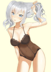 Rule 34 | 10s, 1girl, bare shoulders, blue eyes, blush, bra, breasts, cleavage, covered navel, hand in own hair, highres, kantai collection, kashima (kancolle), lace, lace-trimmed bra, lace trim, lingerie, open mouth, see-through, silver hair, solo, throtem, twintails, underwear, wavy hair