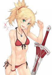 Rule 34 | 1girl, :d, arm up, artoria pendragon (fate), bare arms, bare shoulders, baseball cap, bikini, black hat, black ribbon, braid, breasts, clarent (fate), collarbone, cosplay, cowboy shot, dan (kumadan), dated, fate/grand order, fate (series), french braid, front-tie bikini top, front-tie top, gluteal fold, green eyes, halterneck, hand on own thigh, hat, head tilt, jewelry, long hair, long sleeves, looking at viewer, mordred (fate), mordred (fate/apocrypha), mordred (swimsuit rider) (first ascension) (fate), mysterious heroine xx (fate), mysterious heroine xx (fate) (cosplay), navel, necklace, open mouth, parted bangs, pendant, red bikini, ribbon, shrug (clothing), side-tie bikini bottom, sidelocks, simple background, small breasts, smile, solo, sparkle, stomach, string bikini, swimsuit, sword, teeth, thighs, underboob, weapon, white background, wristband