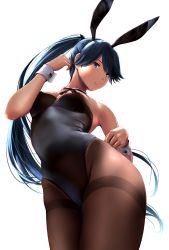 Rule 34 | 1girl, alternate costume, animal ears, bare shoulders, black hair, black hairband, black leotard, black ribbon, blue eyes, blue hair, blush, breasts, brown pantyhose, cleavage, closed mouth, contrapposto, cowboy shot, fake animal ears, foreshortening, from below, hairband, hand on own hip, hand up, highleg, highleg leotard, highres, houshou (kancolle), kantai collection, leotard, long hair, looking at viewer, medium breasts, neck ribbon, pantyhose, playboy bunny, ponytail, rabbit ears, ribbon, simple background, snow, solo, standing, strapless, strapless leotard, swept bangs, thighband pantyhose, thighs, wa (genryusui), white background, wrist cuffs
