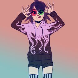 Rule 34 | 1girl, black hair, gorillaz, hoody, noodle (gorillaz), shorts, solo, striped clothes, striped thighhighs, sunglasses, thighhighs, tongue, tongue out