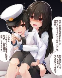 Rule 34 | 1boy, 1girl, absurdres, admiral (kancolle), black hair, black shorts, black skirt, black thighhighs, blush, brown eyes, food, gradient background, hat, hibiki (zerocodo), highres, holding, holding spoon, isokaze (kancolle), kantai collection, little boy admiral (kancolle), long hair, long sleeves, military, military uniform, naval uniform, open mouth, peaked cap, pleated skirt, red eyes, school uniform, serafuku, shaded face, short hair, shorts, signature, single thighhigh, skirt, smile, speech bubble, spoon, tears, thighhighs, translation request, uniform