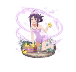 Rule 34 | 1girl, :d, ahoge, arm support, bare shoulders, barefoot, breasts, collarbone, faux figurine, feet, floral print, frills, full body, holding, kneeling, looking at viewer, official art, open mouth, pointy ears, purple hair, purple towel, red eyes, sidelocks, simple background, small breasts, smile, solo, sword art online, toes, white background, yuuki (sao)