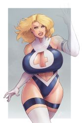 Rule 34 | 1girl, absurdres, blonde hair, blue eyes, blue leotard, breasts, cleavage, cleavage cutout, clothing cutout, curvy, devilhs, earrings, elbow gloves, fantastic four, gloves, highleg, highleg leotard, highres, invisible, jewelry, large breasts, leotard, lips, lipstick, long hair, makeup, marvel, navel, official alternate costume, red lips, solo, sue storm, thighhighs, thighlet, thighs, white gloves, white thighhighs