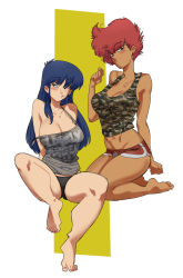 Rule 34 | 2girls, barefoot, black eyes, black panties, blue hair, blush, breasts, camisole, camouflage tank top, cartoonized, collarbone, commentary, dark-skinned female, dark skin, dirty pair, grey camisole, gutalalaman, gym shorts, hair behind ear, highres, invisible chair, kei (dirty pair), large breasts, long hair, medium breasts, multiple girls, navel, panties, parted lips, red hair, red shorts, seiza, shorts, sitting, smile, strap slip, symbol-only commentary, toon (style), underwear, yuri (dirty pair)