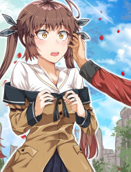 Rule 34 | 1girl, ahoge, blue sky, blush, brown hair, character request, cloud, contrail, day, dulldull, embarrassed, girls&#039; frontline, griffin &amp; kryuger military uniform, highres, long hair, m14 (girls&#039; frontline), open mouth, petals, rose petals, sky, solo, solo focus, surprised, tan skirt, teeth, twintails, uniform, yellow eyes