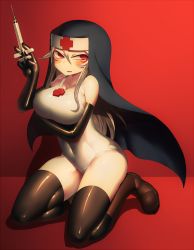 Rule 34 | 1girl, @ @, black gloves, black thighhighs, boots, breast hold, breasts, brown footwear, cleavage, cross, elbow gloves, facepaint, gloves, habit, hair between eyes, harau, highres, kneeling, large breasts, long hair, needle, nun, one-piece swimsuit, open mouth, original, red background, red eyes, ringed eyes, shiny clothes, simple background, solo, swimsuit, syringe, thighhighs, white hair, white one-piece swimsuit