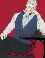 Rule 34 | 1boy, ace attorney, ascot, black pants, blue vest, brooch, buttons, chair, cheekbones, collared shirt, evil grin, evil smile, fingernails, grin, gwiga0, hand on own knee, highres, jewelry, looking to the side, male focus, manfred von karma, old, old man, pants, red background, shirt, short hair, signature, simple background, smile, solo, table, vest, white ascot, white hair, white shirt