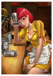 Rule 34 | 1girl, apron, artistic error, bar (place), beer can, blunt bangs, blush, breasts, can, catherine (game), cleavage, commentary, dress, dress tug, drink can, drunk, earrings, english commentary, erica anderson, grey eyes, head tilt, jewelry, jiro-knightraider, lipstick, looking at viewer, makeup, medium breasts, no headwear, nose, red hair, short hair, sitting, solo, stud earrings, sweat, waist apron, yellow dress