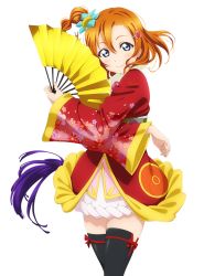 Rule 34 | 10s, 1girl, black thighhighs, blue eyes, cowboy shot, hair between eyes, hair ornament, hairclip, hand fan, holding, holding fan, kosaka honoka, looking at viewer, love live!, love live! school idol festival, love live! school idol project, one side up, orange hair, red ribbon, ribbon, short hair, solo, standing, thighhighs, transparent background