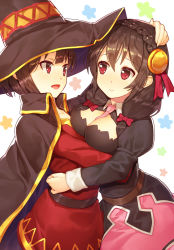 Rule 34 | 10s, 2girls, age difference, belt, between breasts, black dress, black hair, blush, braid, breasts, cape, child, commentary request, dress, hair ornament, hand on another&#039;s head, hat, headpat, hug, kibamigohann, kono subarashii sekai ni shukufuku wo!, large breasts, long hair, long sleeves, looking at another, megumin, multiple girls, necktie, necktie between breasts, onee-loli, open mouth, puffy sleeves, red dress, red eyes, short hair, smile, witch hat, yunyun (konosuba), yuri