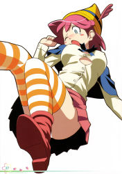 Rule 34 | 1girl, ;o, aqua eyes, blush, blush stickers, boots, breasts, buttons, capelet, covered erect nipples, female focus, hat, highres, koutaro, legs, long sleeves, miniskirt, one eye closed, page number, panties, pantyshot, pink hair, pleated skirt, red footwear, shirt, simple background, skirt, solo, striped clothes, striped thighhighs, tears, thighhighs, underwear, white background, white panties